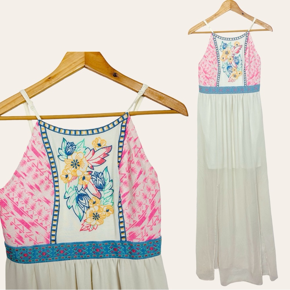 Flying Tomato Floral Embroidered Chiffon Layered Smocked Maxi Dress